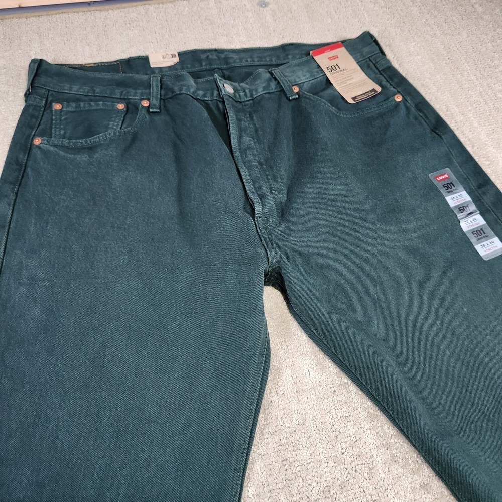 Levis 501 Jeans Men 38x30 Straight Leg Button Fly Green Denim Classic - Picture 2 of 13